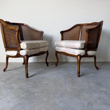1960s Vintage French Provincial Louis XV-Style Carved Walnut & Cane Club Chairs – Pair 