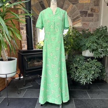 Vintage 1970s Green with Pink and White Flocked Flowers Maxi Dress 