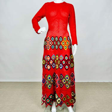 Vintage 1970s Maskit Israel Crochet granny Square Maxi Dress Wool Red Green Purple Orange Long Sleeve Full Length 