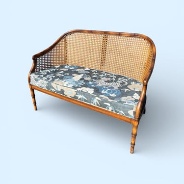 Vintage faux bamboo loveseat with all new chinoiserie upholstery fabric 