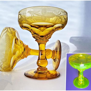 2 Vintage 1930s Uranium Glass Coupes, Etched Vaseline Stemware, UV Reactive Glow Cocktail Glasses 
