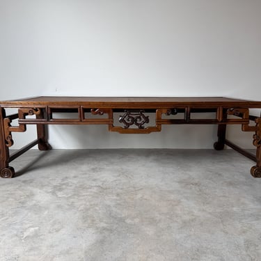 Antique Chinese Carved Wood Rectangular Coffee Table With Inset Rattan Top 
