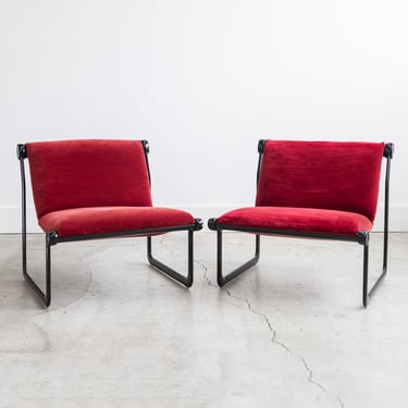 Knoll Aluminum Sling Lounge Chairs by Bruce Hannah and Andrew Morrison in Crushed Red Velvet | Pair of 2 | 1960 