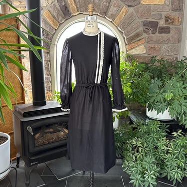 Vintage 1970s Black Semi Sheer and Ivory Lace Dress Happenings 