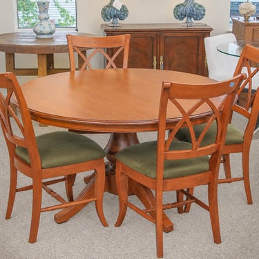 Saloom Pedestal Dining Table and (4) Chair Set in Solid Wood Cherry
