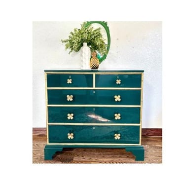 Ultra High Gloss Green 5 Drawer Bamboo Trim Dorthy Draper Inspired Solid Wood Dresser/Chest of Drawers/Entryway/Console 