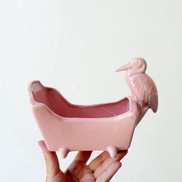 mid century pink ceramic stork planter vase - baby nursery decor 