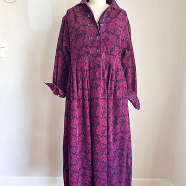 Vintage 1980s Maroon Purple Floral Corduroy Shirtwaist Dress / M 