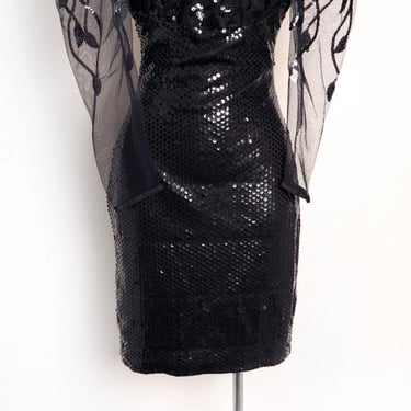 80's OKADA Black Sequin Evening Dress, Big Puff Sleeves, Designer 1980's Vintage Party Holiday Dress Gown, Bodycon Stretch LBD Little Black 