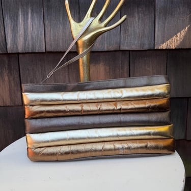 Vintage 80s clutch bag purse metallic earth tones horizontal padded 3D leather by Karen. 