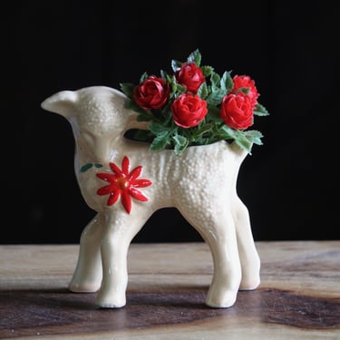 Vintage Shawnee Pottery Lamb Planter, Kitschy Cute Summer Decor, Shy Baby Sheep with Red Flower Design, PAINT RESTORED, Gift for Collector 