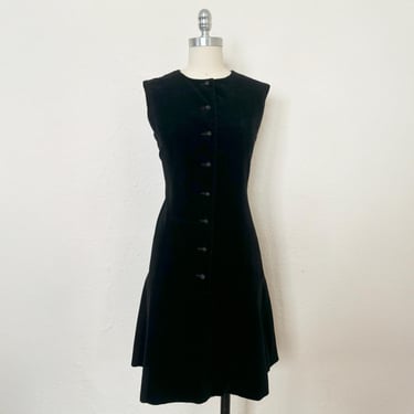 1960s Black Velveteen Drop Waist Jumper, Small to Medium | 60s Sleeveless Rhinestone Button Front Little Black Dress (S, M, 38-32.5-37) 