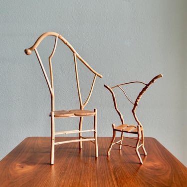 Handmade twig chair sculpture / choice of 2 vintage artist-made miniature wooden chairs 15
