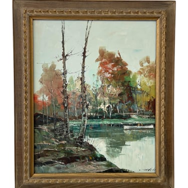 Free shipping within continental US - Vintage Mid-Century Impressionist Likely Oil Painting of Autumn Landscape with Lake and Birch Trees 