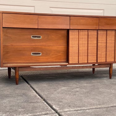 Midcentury Modern Mainline By By Hooker Lowboy Dresser With Cane Reversible Doors 