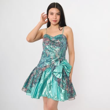 Vintage Teal Lame Party Dress 80s Metallic Lace Spaghetti Strap Mini Sweetheart Neckline Iridescent Ruffle 1980s Prom Cocktail Small xs 