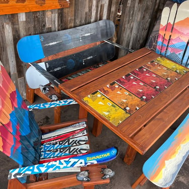 Outdoor Patio Set of 5- Includes: 2 Snowboard Benches, 2 Mural Painted chairs, 1 Outdoor Dining table with snowboard runner 