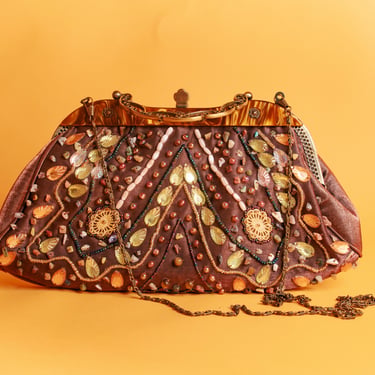 90s Brown Satin Frame Purse: Vintage Beaded Floral Clutch 