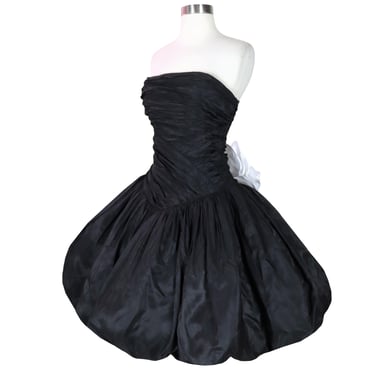 Vintage 80s Black White Ruffle Taffeta Strapless Bubble Skirt Prom Party Dress XS Extra Small Ruched Julie Duroche Costume 1980s Formal Glam 
