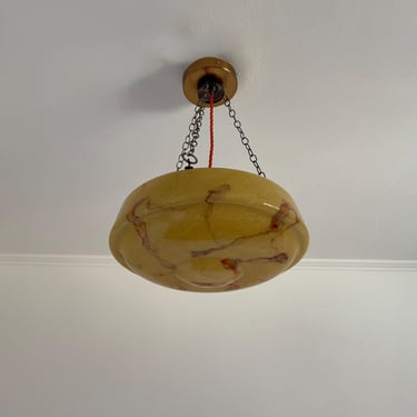 Antique Beige Marbled Glass Pendant Lamp with Veined Pattern / German Art Deco Ceiling Light / 1950s 