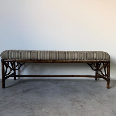 Vintage McGuire Style Bamboo & Leather Binding Upholstered Bench 