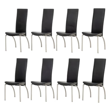 Set of Eight Modern Black Leather Dining Chairs