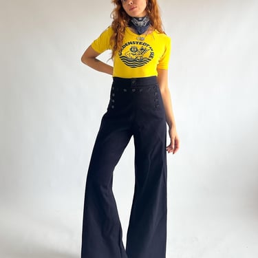 Vintage 1960s US Navy black wool sailor trousers / 14-button sailor pants / military wide leg trousers / S-M 