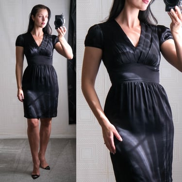 Vintage 90s BETSEY JOHNSON Black Silk Empire Waist Mini Dress w/ Pleated Neckline | Made in USA | 100% Silk | 1990s Designer Grunge Dress 