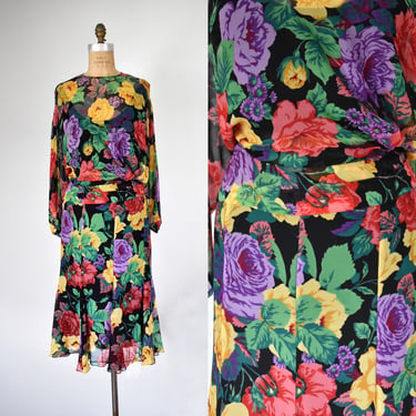 Yarlenis 1980s Plus Size Sheer Chiffon Floral Dress with Slip and Drop Waist 
