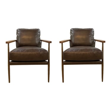 Mid-Century Modern Style Brown Leather Lounge Chairs Pair