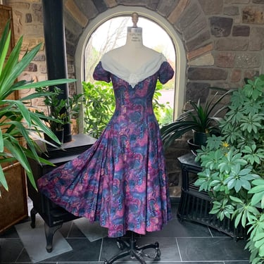 Vintage 1980s Off Shoulder Dress Deep Plum Blue Gold Print Chiffon Lace Neckline 