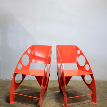 Post-Modernist Style Sculptural Steel Chairs, Orange Powder-Coat