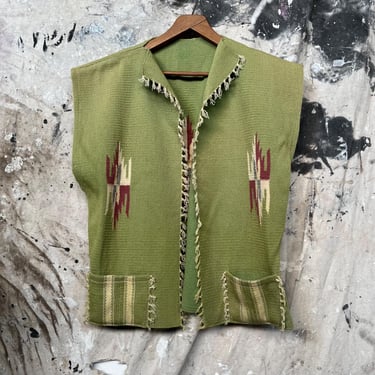 40s 50s Chimayo Lime Green Wool Vest with Fringe Blanket Rug Jacket 1940s 1950s 