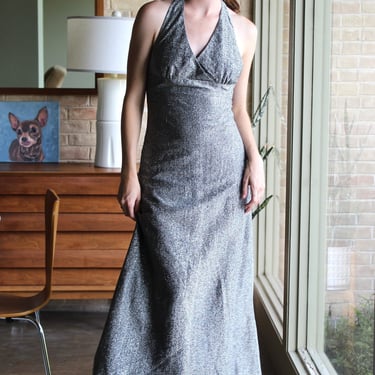 Vintage Young T Maxi Dress, XS/S Women, Silver Lame Halter Dress 