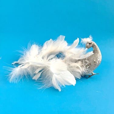 Peacock Ornaments Set of 4 White Feather Vintage Holiday Winter Wedding Decoration 