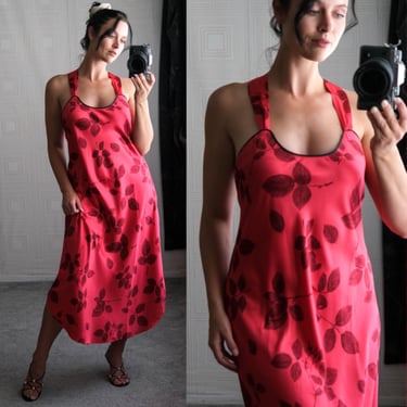Vintage 80s NATORI for Neiman Marcus Hot Pink Leaf Print Slip Dress | Deadstock w/ Tags | 1980s Designer Romantic Slip Dress Backless 