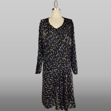 1920s Silk Velvet Dress / Art Deco Eveningwear / Teardrop Print Drop Waist Flapper Dress / Antique Gatsby Fashion / Size Small 