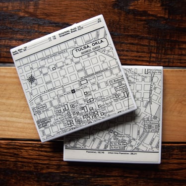1956 Tulsa Oklahoma Vintage Map Coaster Set of 2. Vintage Tulsa Map Gift. Oklahoma Map. City History Gift. Housewarming. City Coasters. 