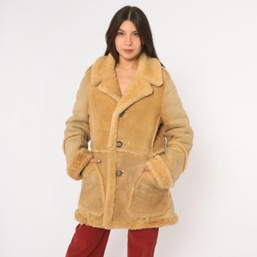 70s Tan Leather Coat Wilsons Sherpa Lined Notched Collar Camel Brown Suede Western Penny Lane Winter Jacket Fall Layering Vintage Medium M 