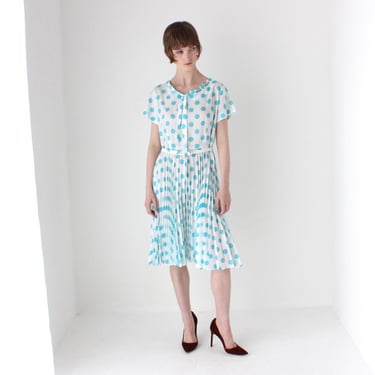1950s Pleated Polka Dot Cinched Waist + Full Circle Skirt Cotton Garden Party Sun Dress 