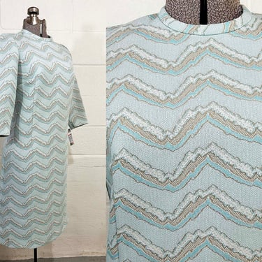 Vintage Floral Shift Dress Blue Mock Neck Mod Chevron Zigzag 3/4 Sleeve Knit Scooter 1960s Medium Small 