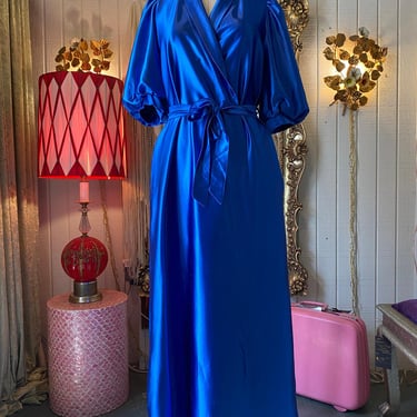vintage 1980s miss elaine blue satin puff sleeves robe, 80s dressing gown, s/m 