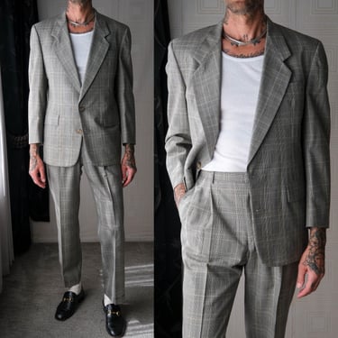 Vintage 80s Christian Dior Monsieur Salt & Pepper Tartan Plaid Flare Cuff Leg Suit | 100% Wool | Made in USA | 1980s Dior Designer Mens Suit 
