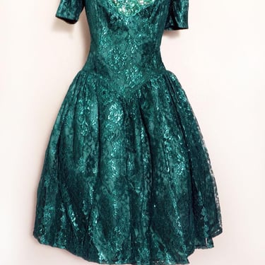80's GUNNE SAX Emerald Green Lace Evening Party Dress Gown Vintage 1980's 