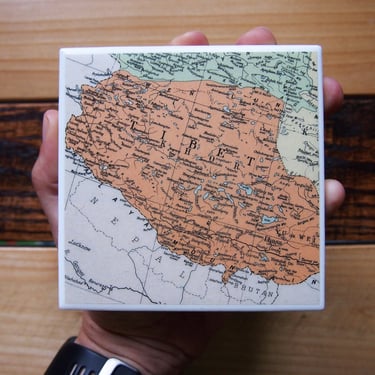 1947 Tibet Map Coaster. Ceramic Tile. Repurposed 1940s Atlas.  Handmade. World Travel Gift. Tibetan Decor. Vintage Map. Vintage Atlas. 