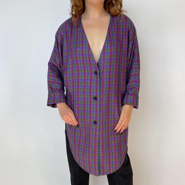 1980s Wool Shirt Jacket Plaid Purple Long Line L/ M 