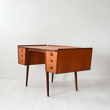 Vintage Scandinavian Teak Desk by Svante Skogh, 1950s, Two Drawer Units, Sculpted Handles, Mid-Century Modern 