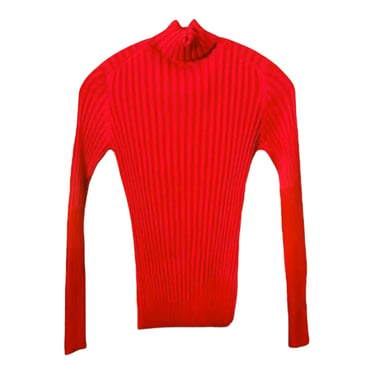Red Silk Turtleneck, Thick Ribbed Soft Knit Sweater, Vintage 00s Simple Minimal Plain Basic Red Long Sleeve Blouse, Oversized Loose Fit Top 