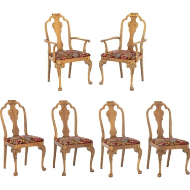 William and Mary Style Needlepoint Upholstered Walnut Dining Chairs, 6