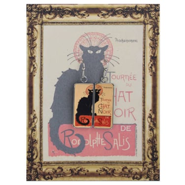 Chat Noir Print Silver Bar Fine Art Earrings
